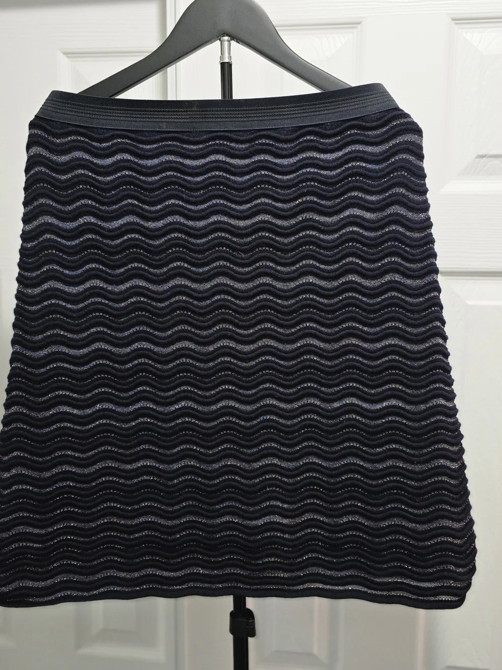 Tory Burch Navy Wave-Texture A-Line Midi Skirt